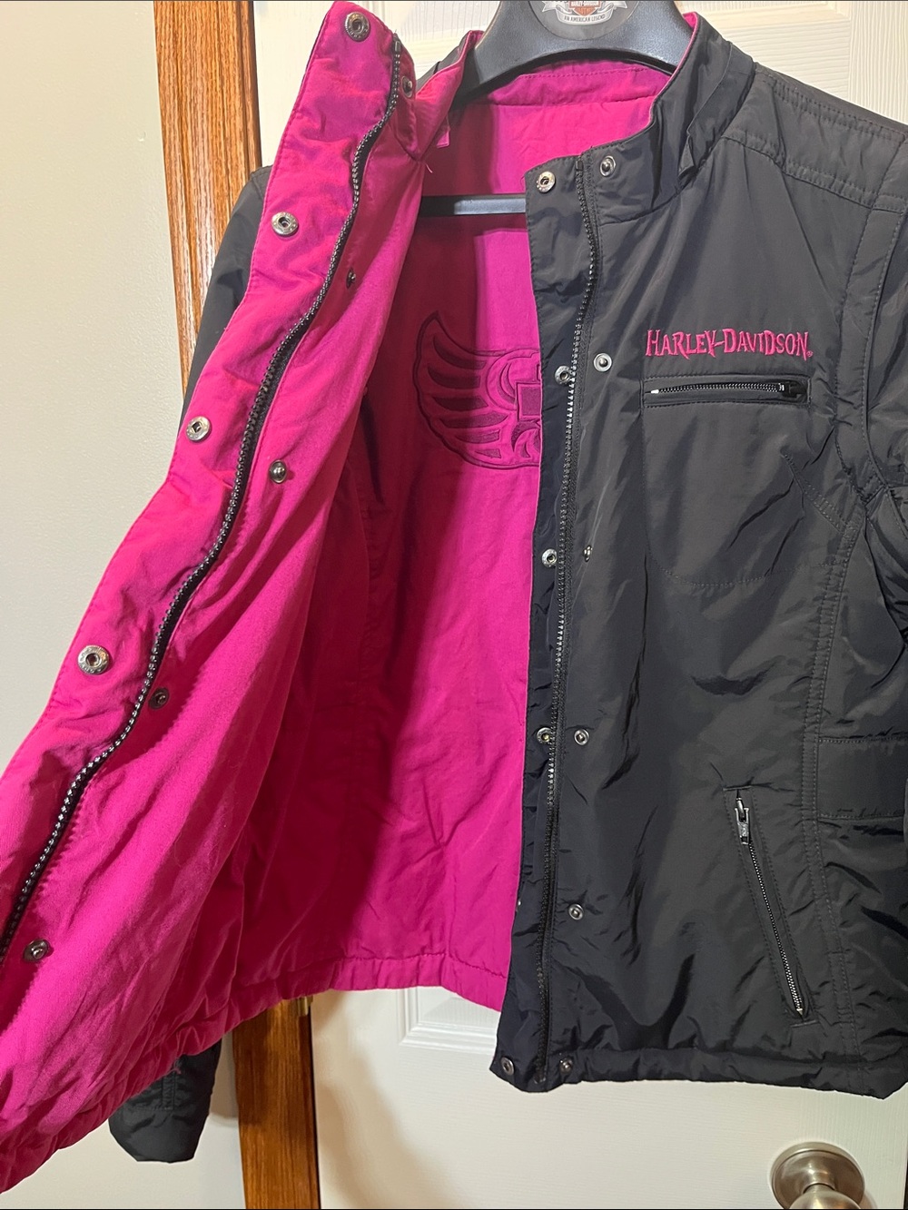 HARLEY DAVIDSON Black & Pink Reversible Med Weight Coat &/or Vest Women’s Large - Picture 14 of 16